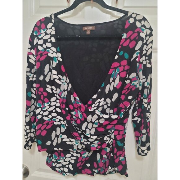 Tesori Womens Multicolor Floral Print Drape V-Neck Silky Top Size XL - Picture 4 of 11